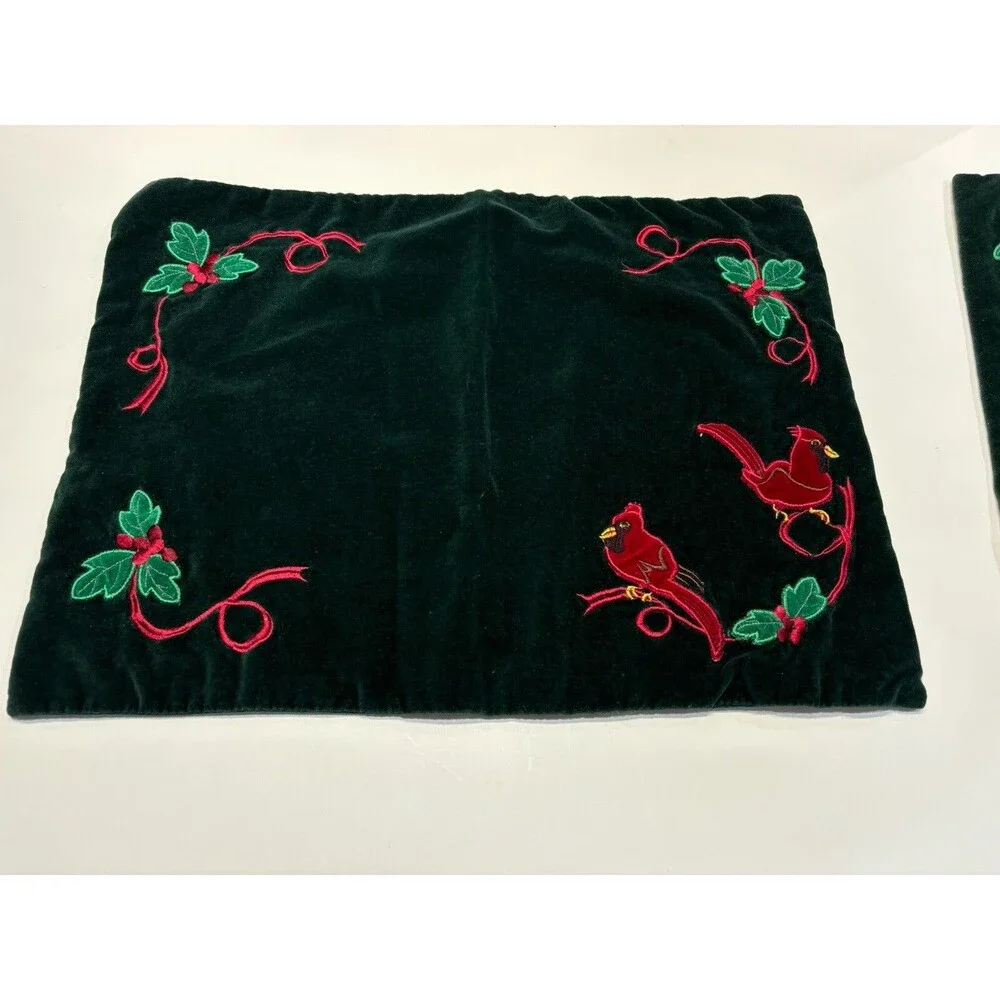 Christmas Placemats Quilted Embroidered Velvet Cardinal Holly Set of 4 13x17